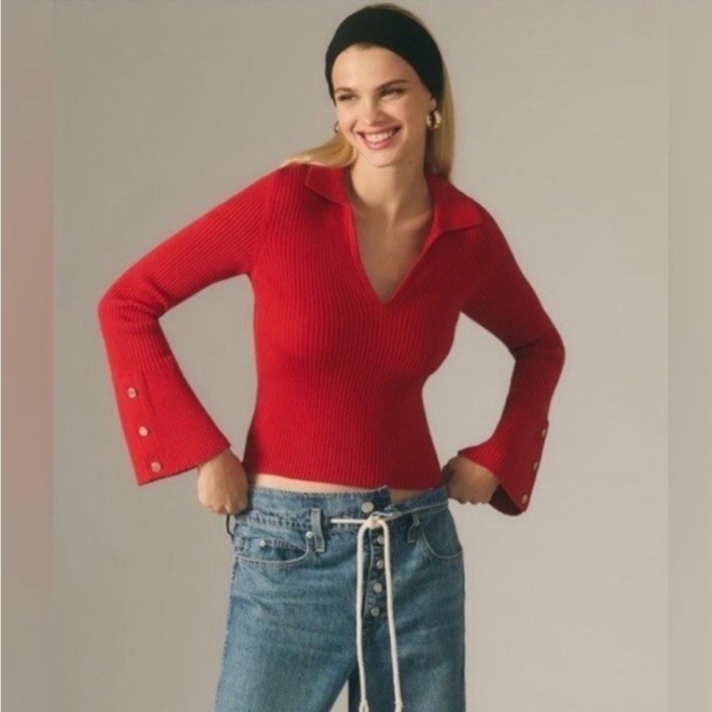 Anthropologie Maeve Red Ribbed Polo Bell Sleeve Sweater